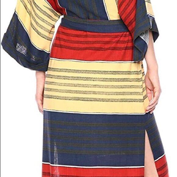 BCBGMAXAZRIA Kimono Striped Faux Wrap Casual Maxi Dress Belt Red Yellow Blue XS - Picture 11 of 11